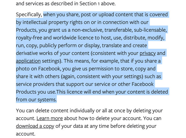 facebook terms and conditions