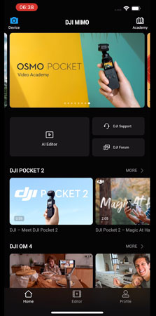 DJI Mimo App Home Page