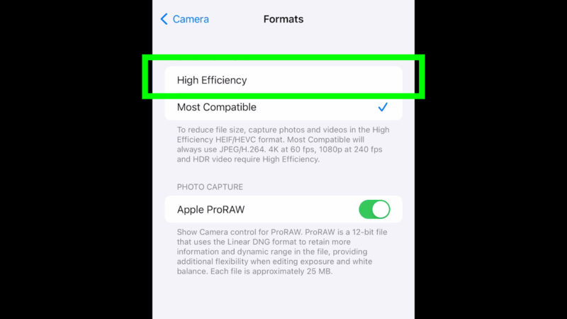 iPhone high efficiency setting